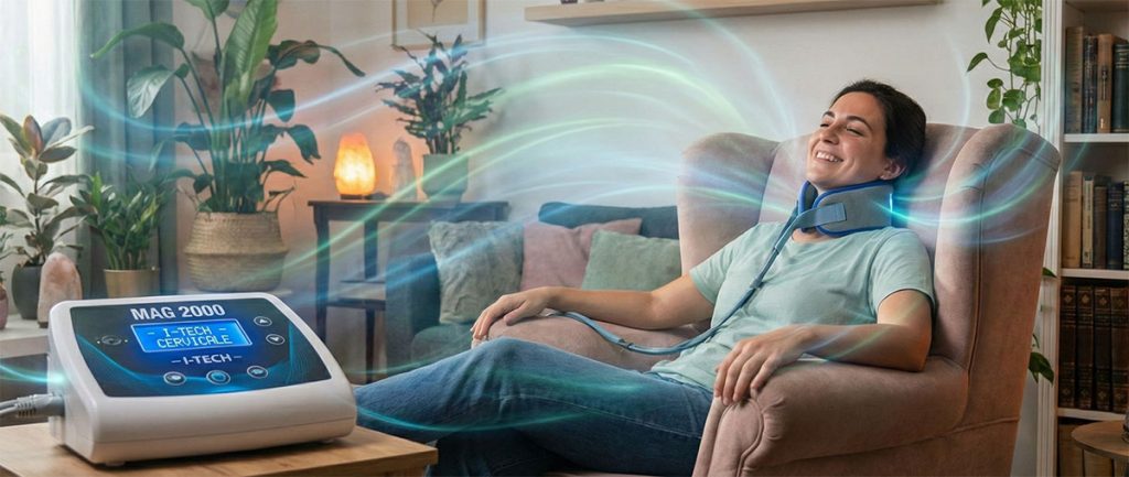 Donna che utilizza l'apparecchio per magnetoterapia I-TECH MAG 2000 con fascia cervicale per il trattamento del dolore al collo a casa. Il display del dispositivo mostra 'PROGRAMMA CERVICALE' e delle onde luminose blu e verdi illustrano visivamente l'azione del campo magnetico