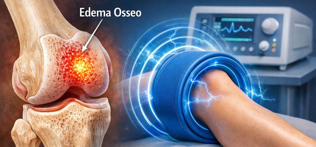 Illustrazione medica 16:9 della magnetoterapia per edema osseo al ginocchio: sezione anatomica dell’osso con area infiammata evidenziata e dispositivo per magnetoterapia applicato sull’articolazione con campo elettromagnetico visibile