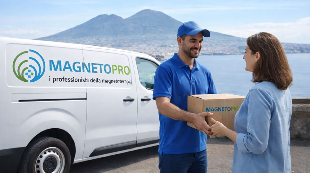 Noleggio magnetoterapia a domicilio a Ercolano: seduta di riabilitazione professionale al ginocchio in terrazza con vista Vesuvio e assistenza Magnetopro